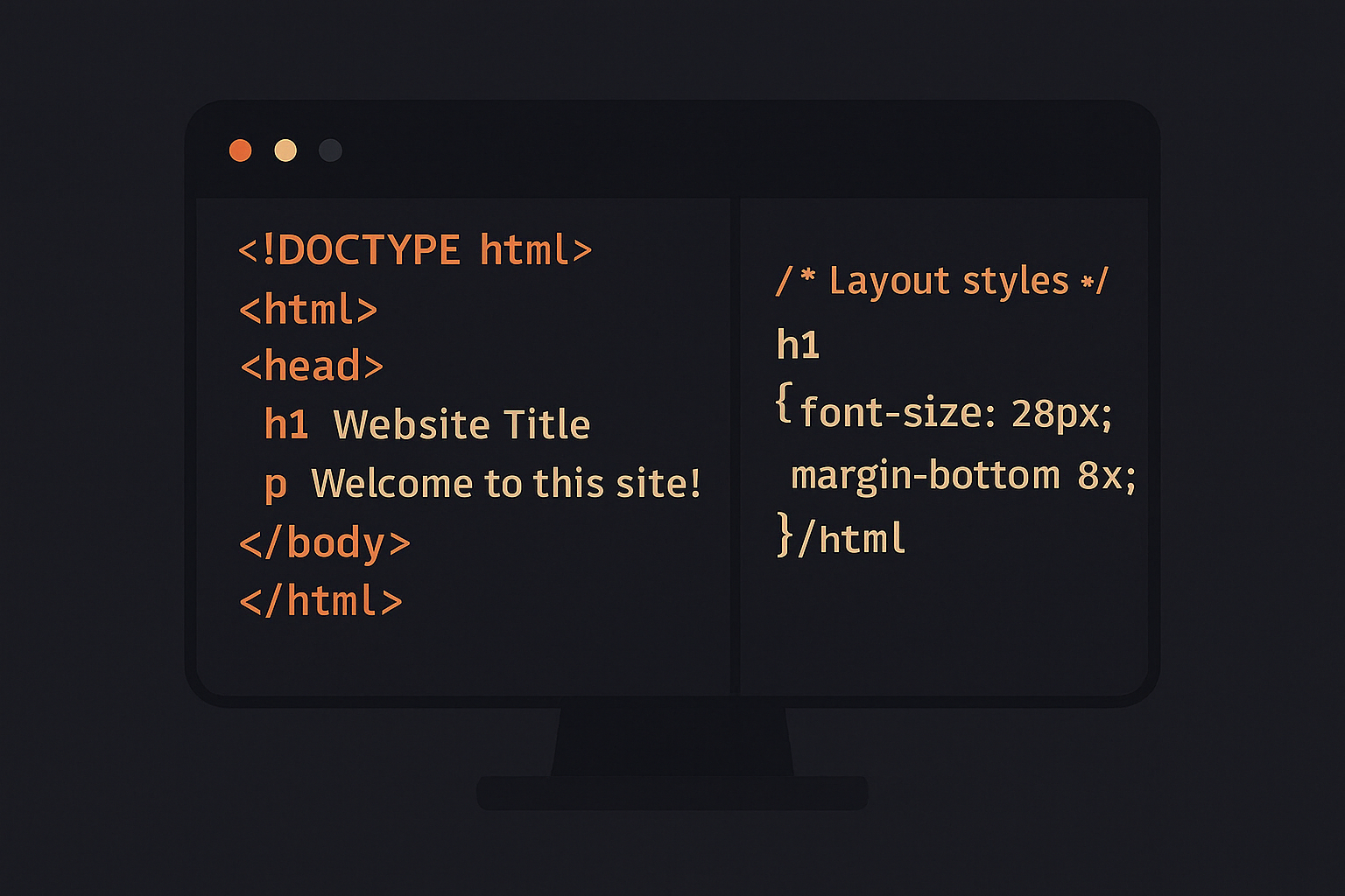 Code editor with front-end layout for a simple website